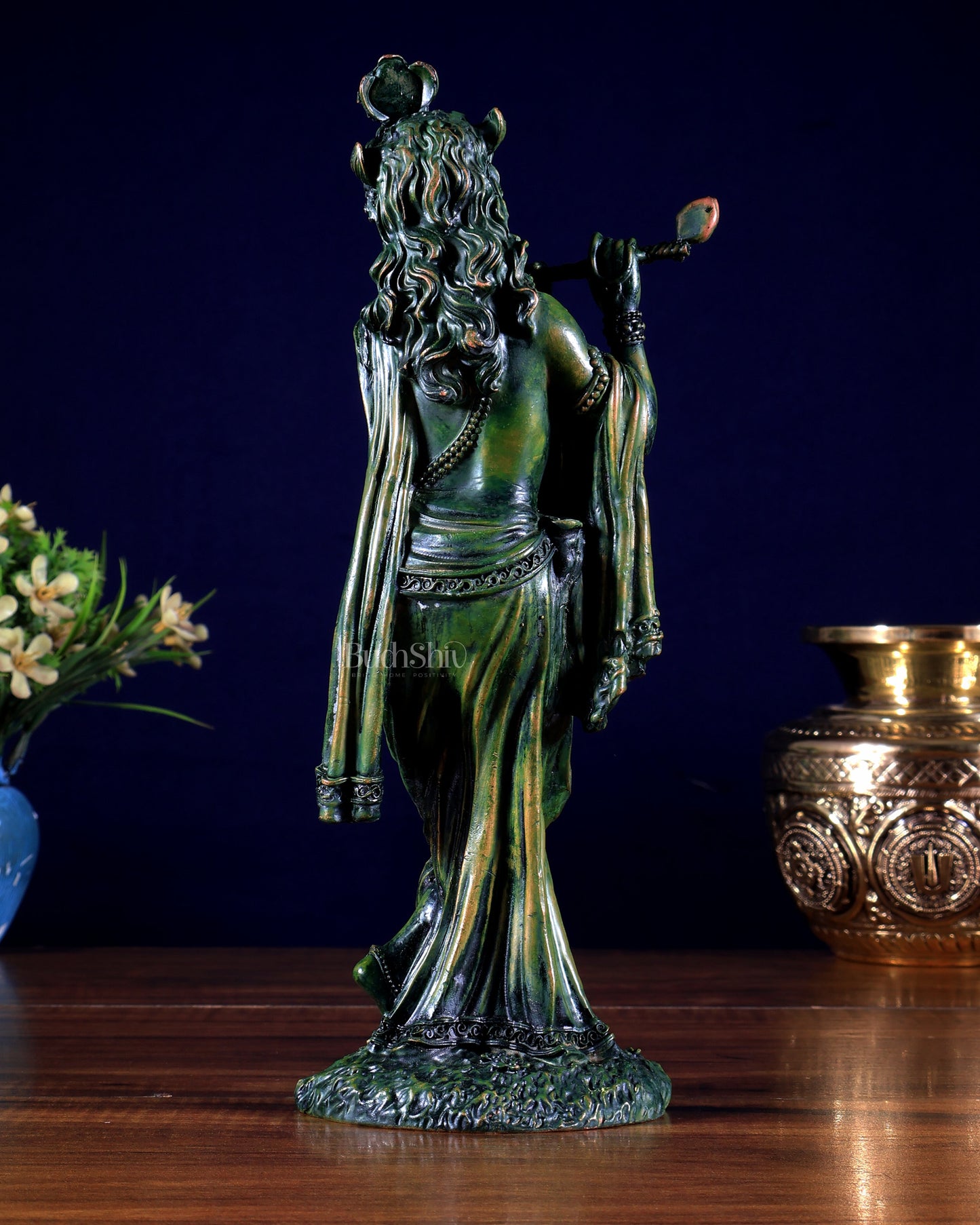 Intricate Superfine brass Lord Krishna in a green finish 10 inch