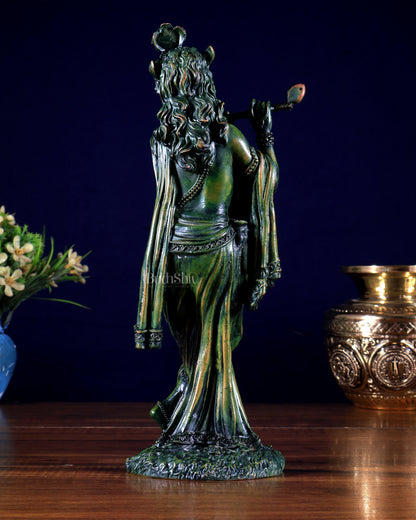 Intricate Superfine brass Lord Krishna in a green finish 10 inch