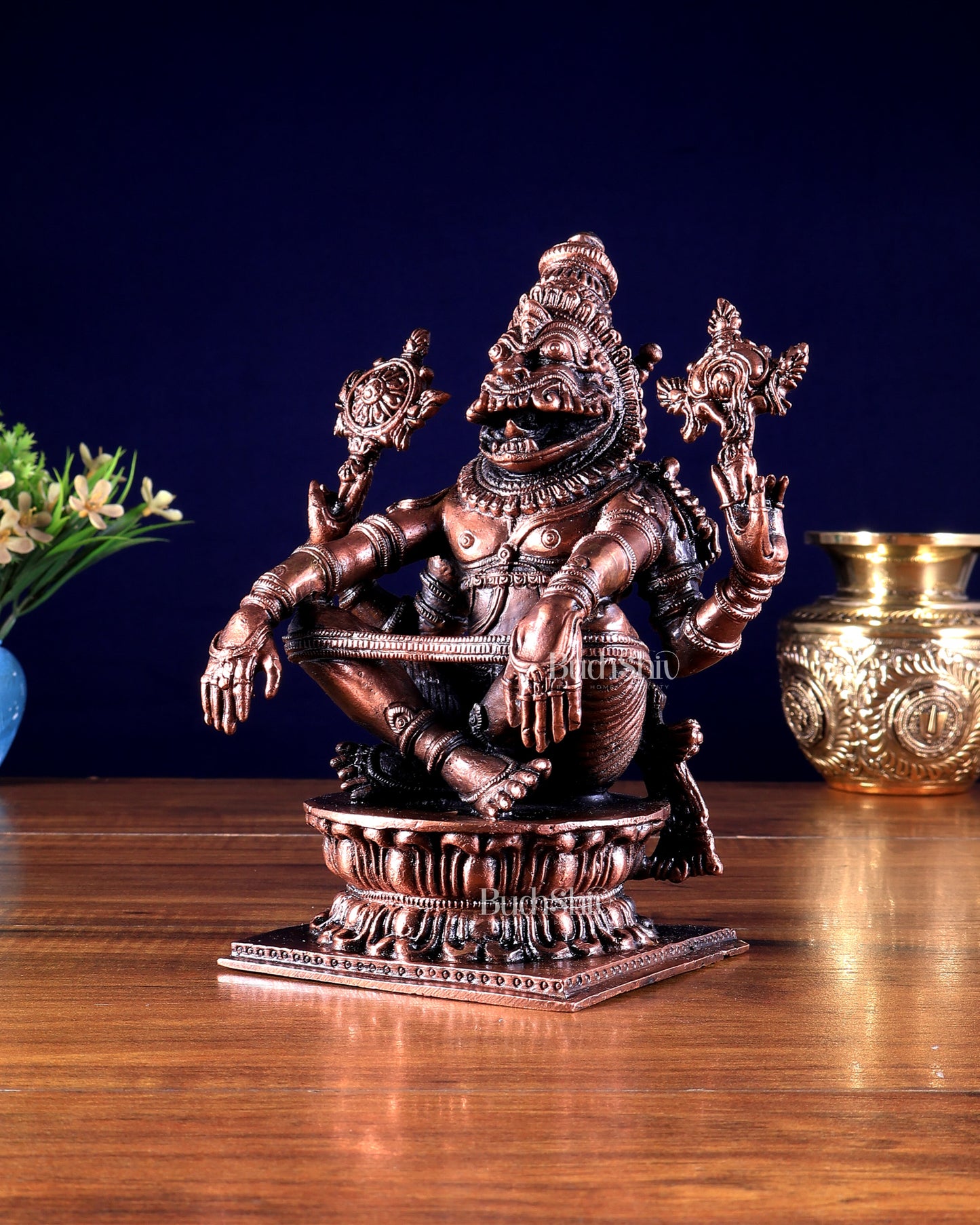 Pure Copper Solid Yoga Narasimha Idol – Large & Heavy 7.5 inch