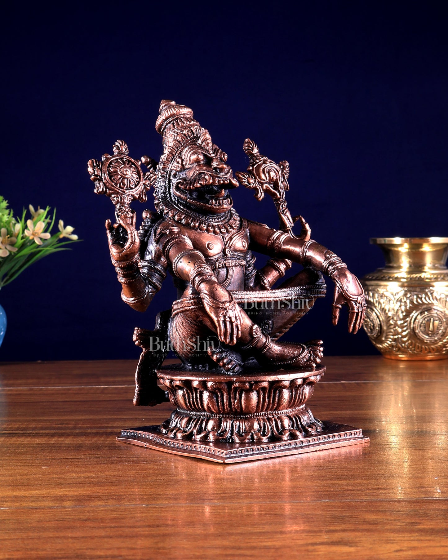 Pure Copper Solid Yoga Narasimha Idol – Large & Heavy 7.5 inch