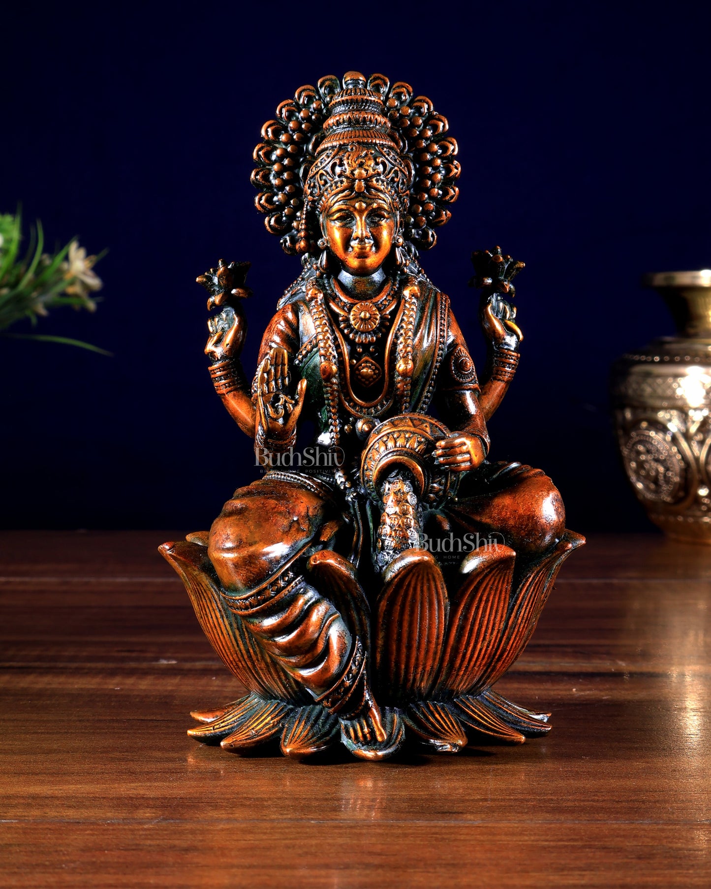 Brass Superfine Lakshmi Idol - 6 Inch lotus base brown tone