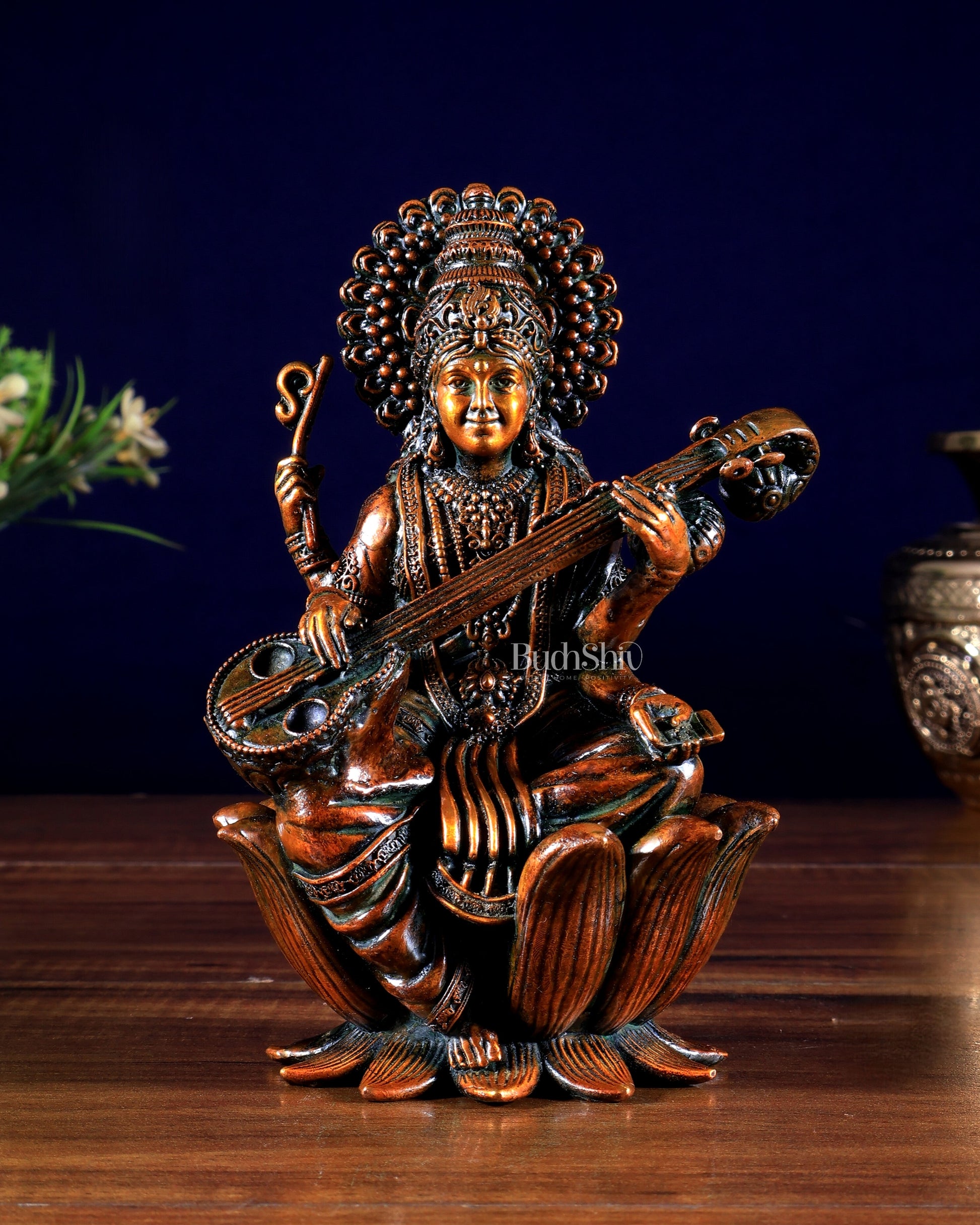 Superfine Brass Saraswati Idol - 6" Tall brown tone