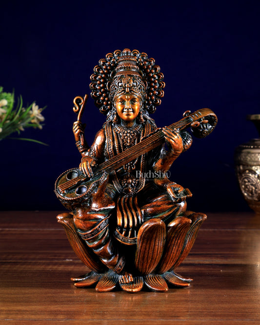 Superfine Brass Saraswati Idol - 6" Tall brown tone