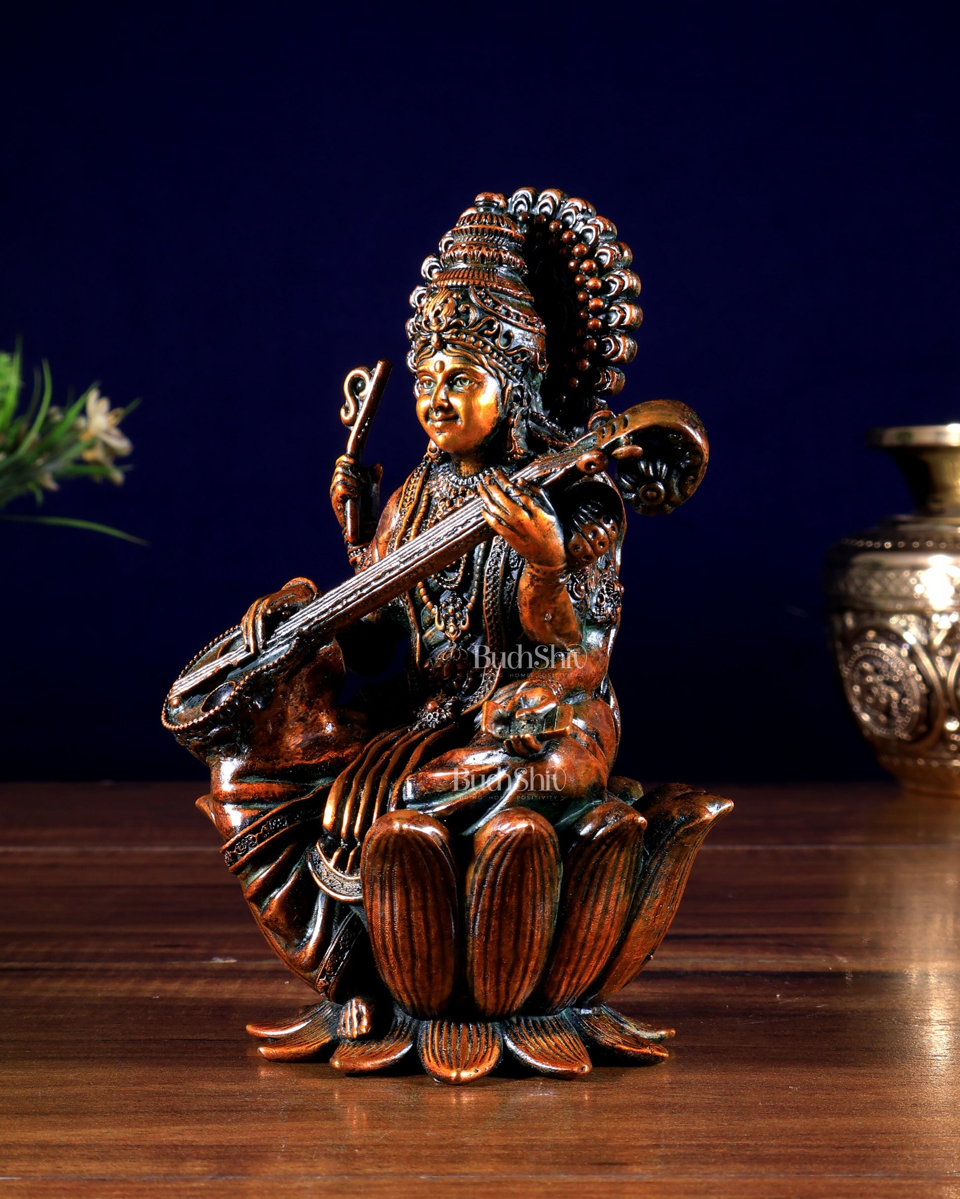 Superfine Brass Saraswati Idol - 6" Tall brown tone