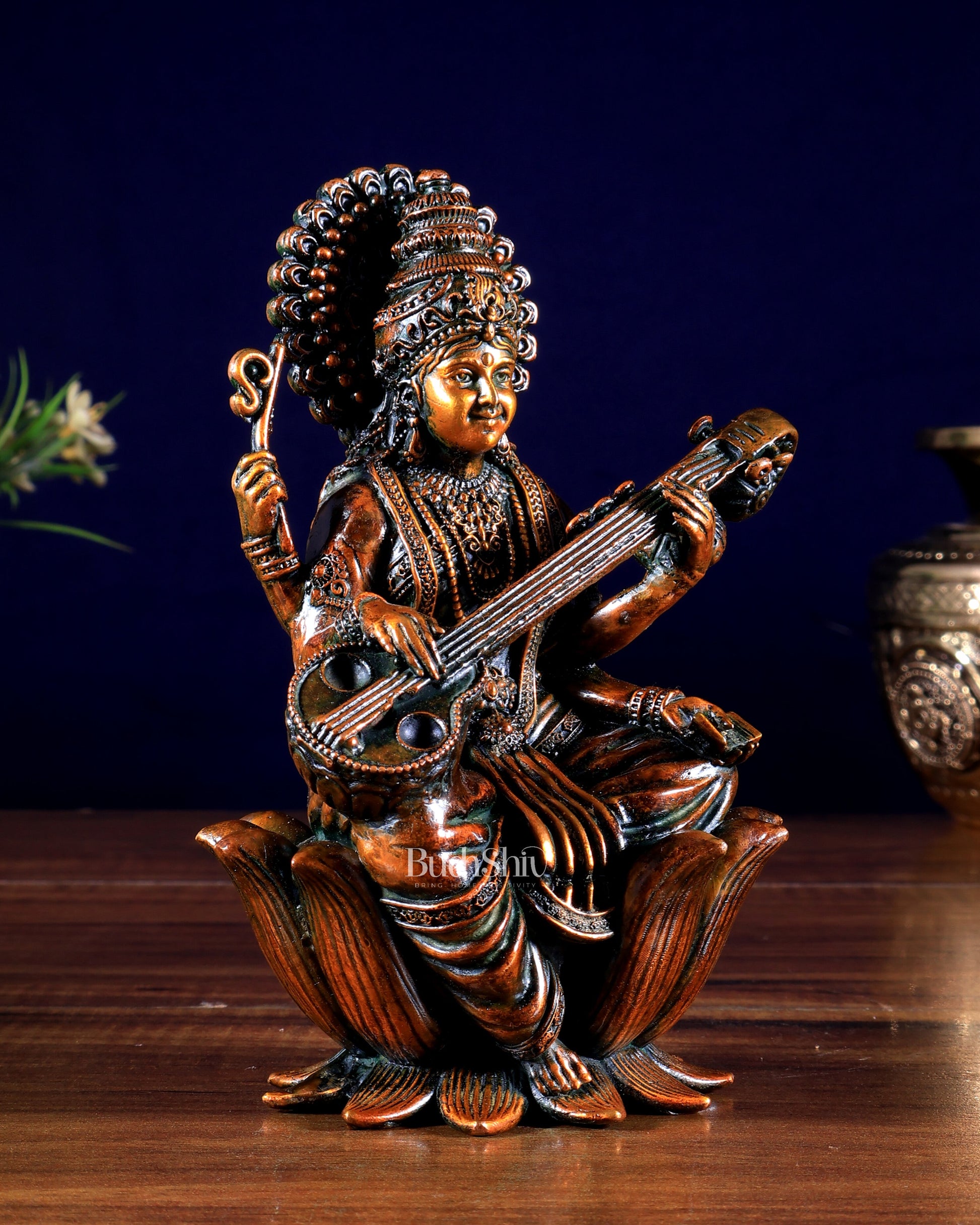 Superfine Brass Saraswati Idol - 6" Tall brown tone