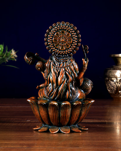 Superfine Brass Saraswati Idol - 6" Tall brown tone