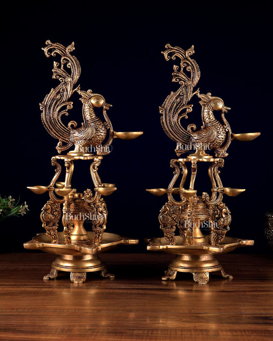 Brass Large Annampakshi Diya Samai Oil Lamps pair  – Multiple Wicks 18 inch