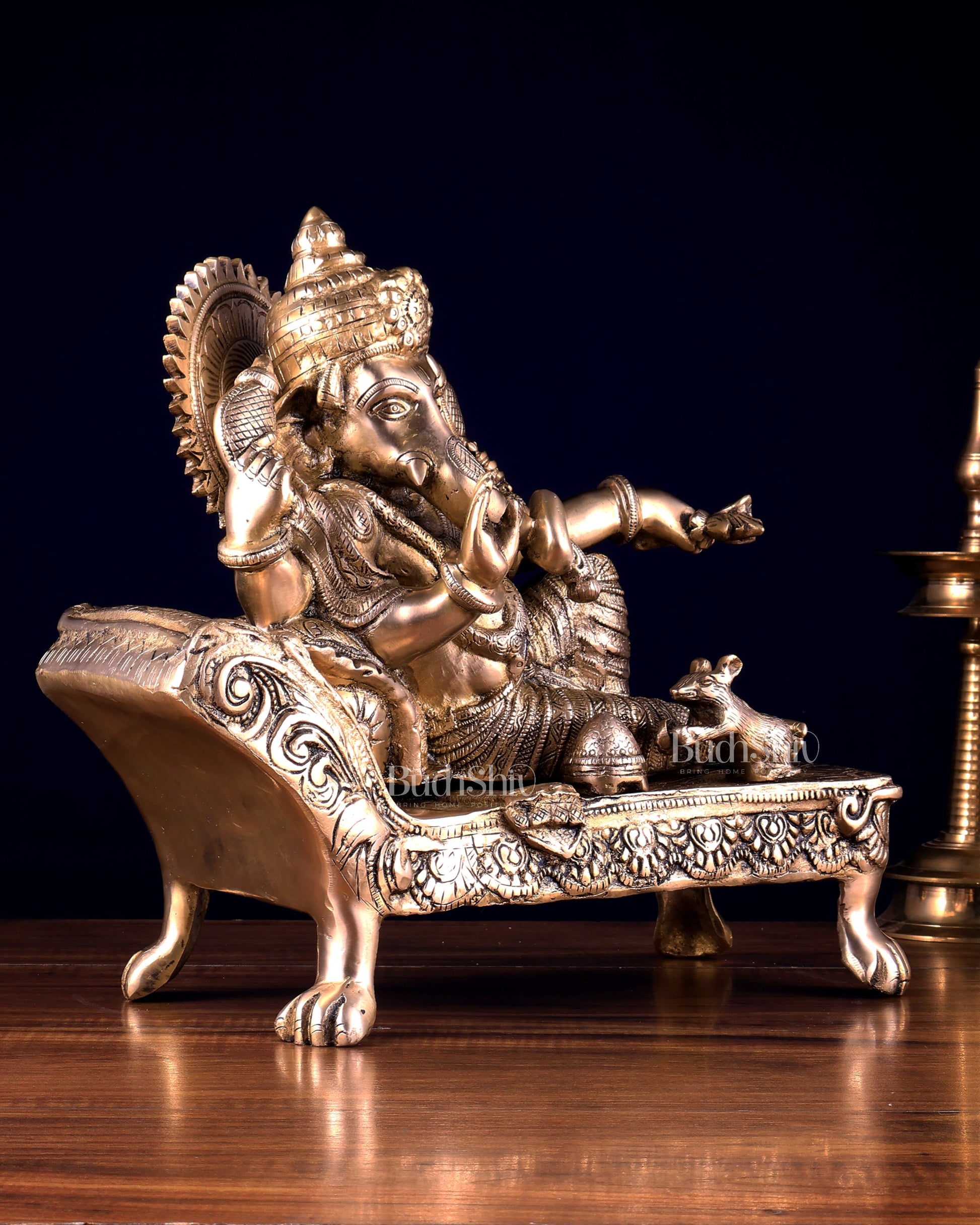 Pure Brass Resting Ganesha Statue – Auspicious Home & Temple Decor 13.5 inch