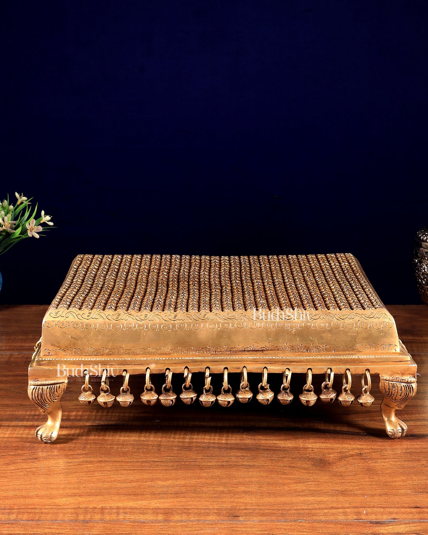 Brass Pooja Chowki Stool with Bells & Ghungroos – Divine Temple Stand 14 inch