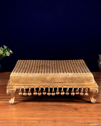 Brass Pooja Chowki Stool with Bells & Ghungroos – Divine Temple Stand 14 inch