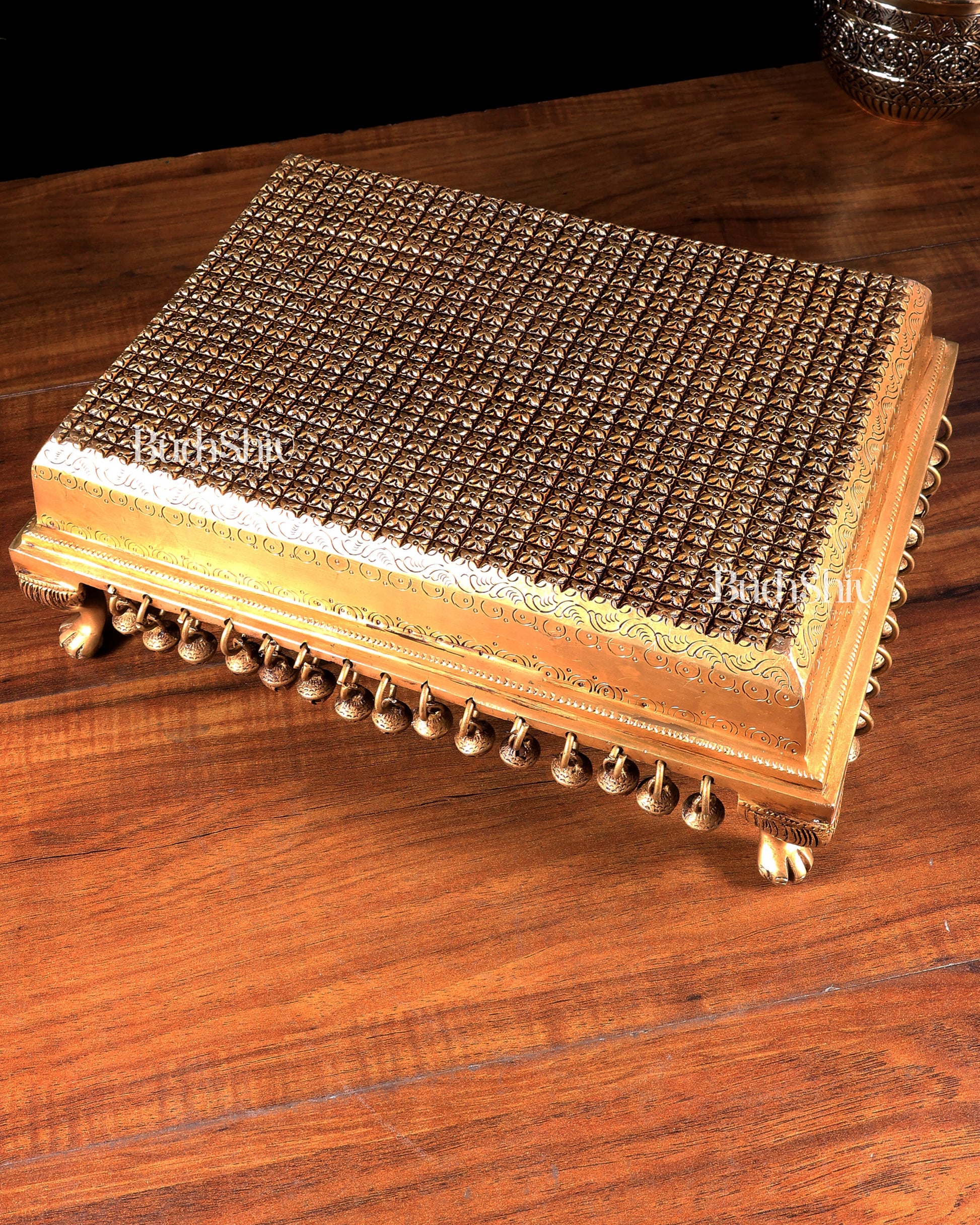 Brass Pooja Chowki Stool with Bells & Ghungroos – Divine Temple Stand 14 inch