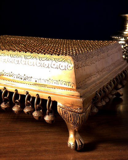 Brass Pooja Chowki Stool with Bells & Ghungroos – Divine Temple Stand 14 inch