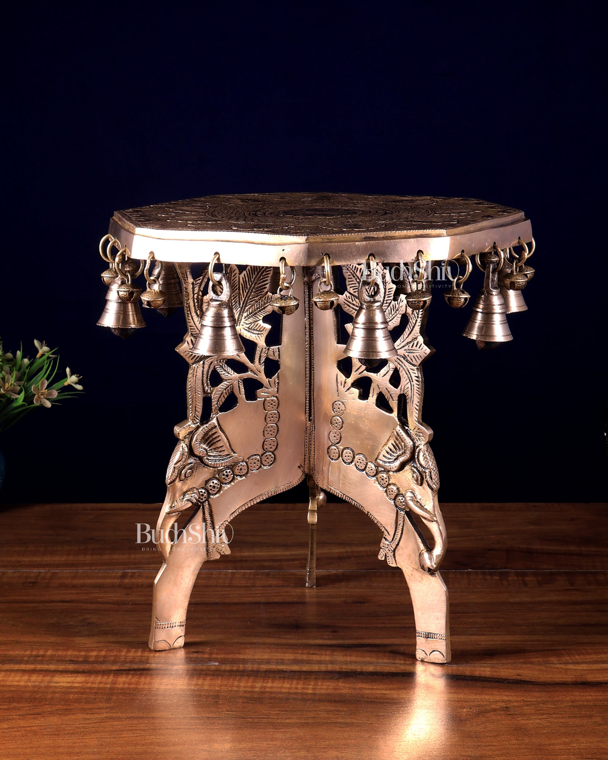 Pure Brass Elephant-Legged Chowki Stool for Pooja Rooms 12 inch