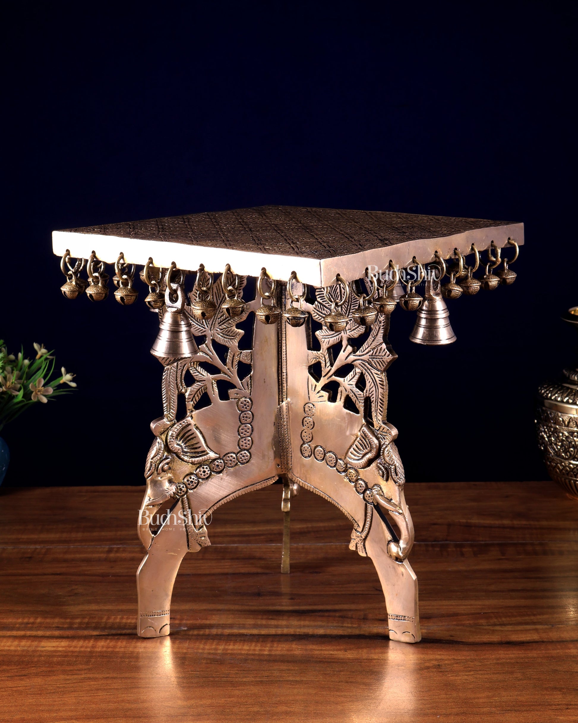 Pure Brass Elephant-Legged square Chowki Stool for Pooja Rooms 12 inch