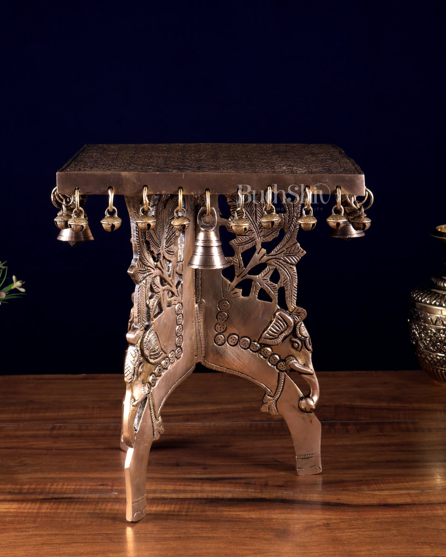 Pure Brass Elephant-Legged square Chowki Stool for Pooja Rooms 12 inch