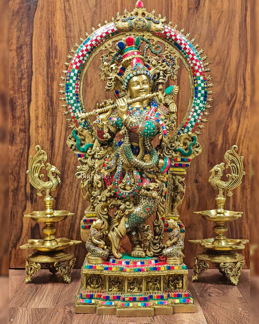 Divine Superfine Brass Krishna Statue 32 inch with stonework