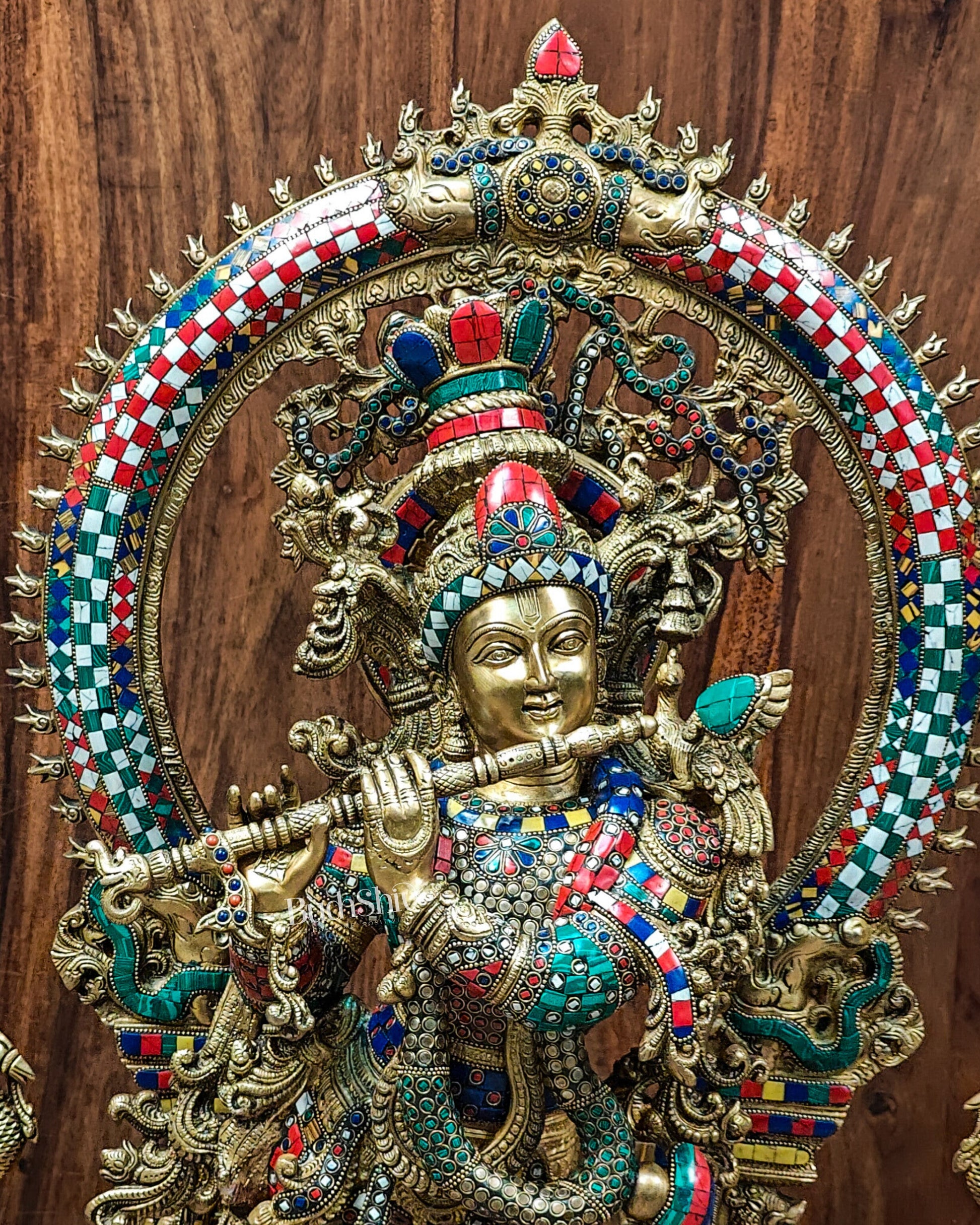 Divine Superfine Brass Krishna Statue 32 inch with stonework