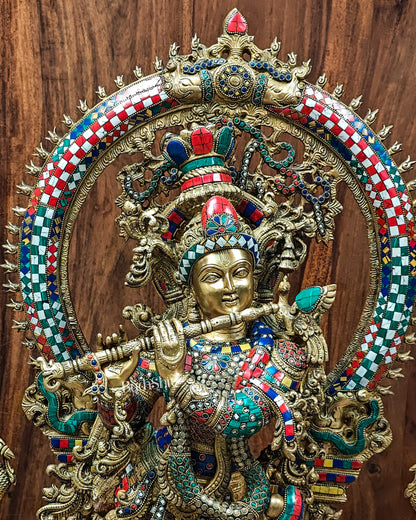 Divine Superfine Brass Krishna Statue 32 inch with stonework