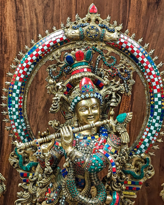 Divine Superfine Brass Krishna Statue 32 inch with stonework