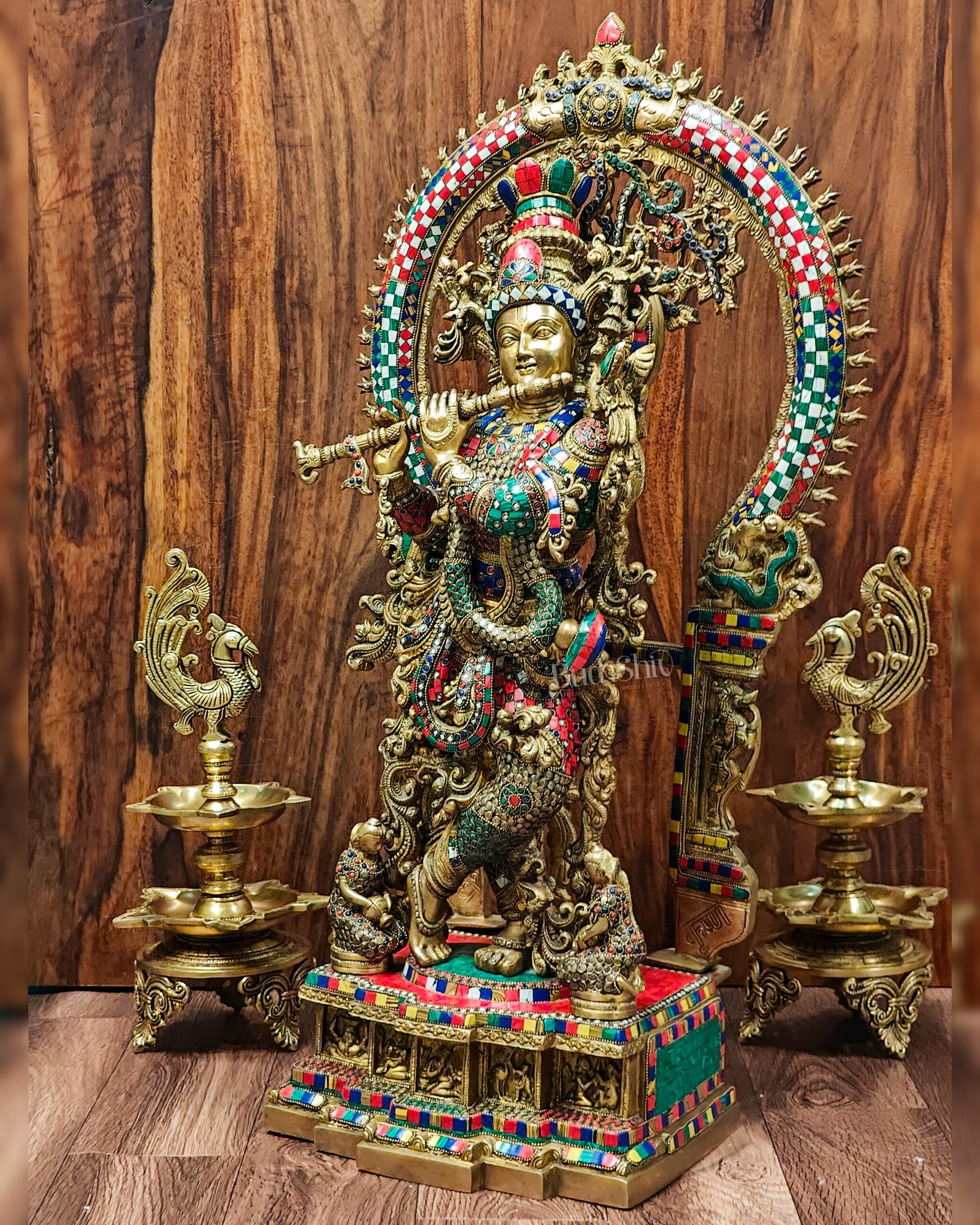 Divine Superfine Brass Krishna Statue 32 inch with stonework