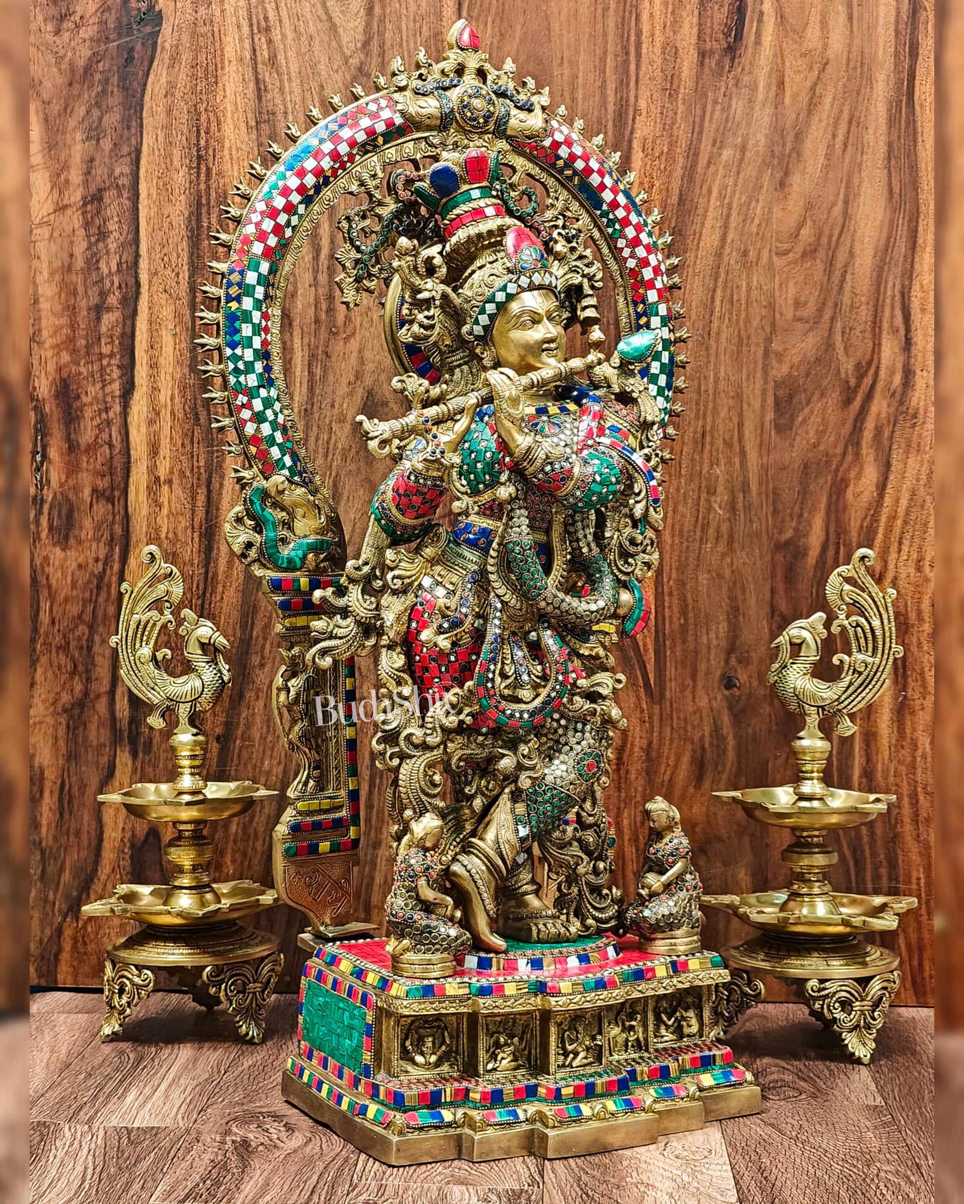 Divine Superfine Brass Krishna Statue 32 inch with stonework