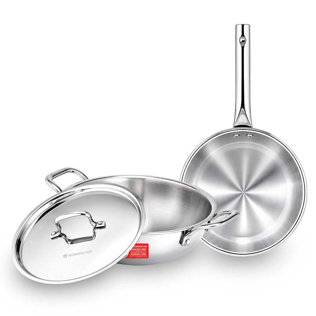 Wonderchef Inox Triply Stainless-steel 3 Pc. Cookware Set for Kitchen, 22cm Fry Pan, 22cm Kadhai with Lid, Boil/Deep Fry/Gravies/Dals/Noodles/Rice, Induction-friendly, 10-Yr Warranty