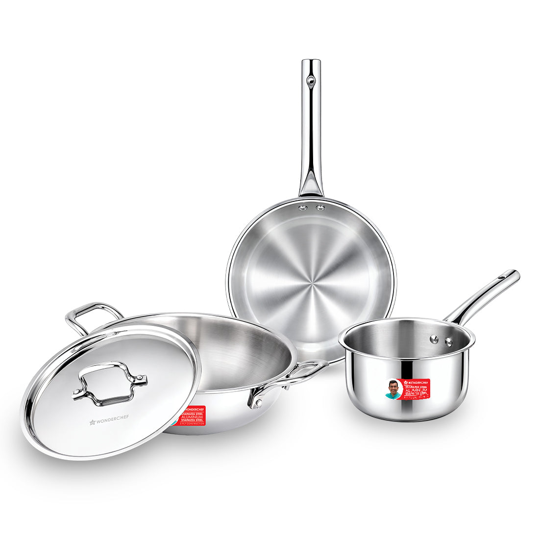 Wonderchef Inox Triply Stainless-steel 4 Pc. Cookware Set for Kitchen, 22cm Fry Pan, 22cm Kadhai with Lid, 14cm Saucepan, Boil/Deep Fry/Gravies/Dals/Noodles/Rice, Induction-friendly, 10-Yr Warranty
