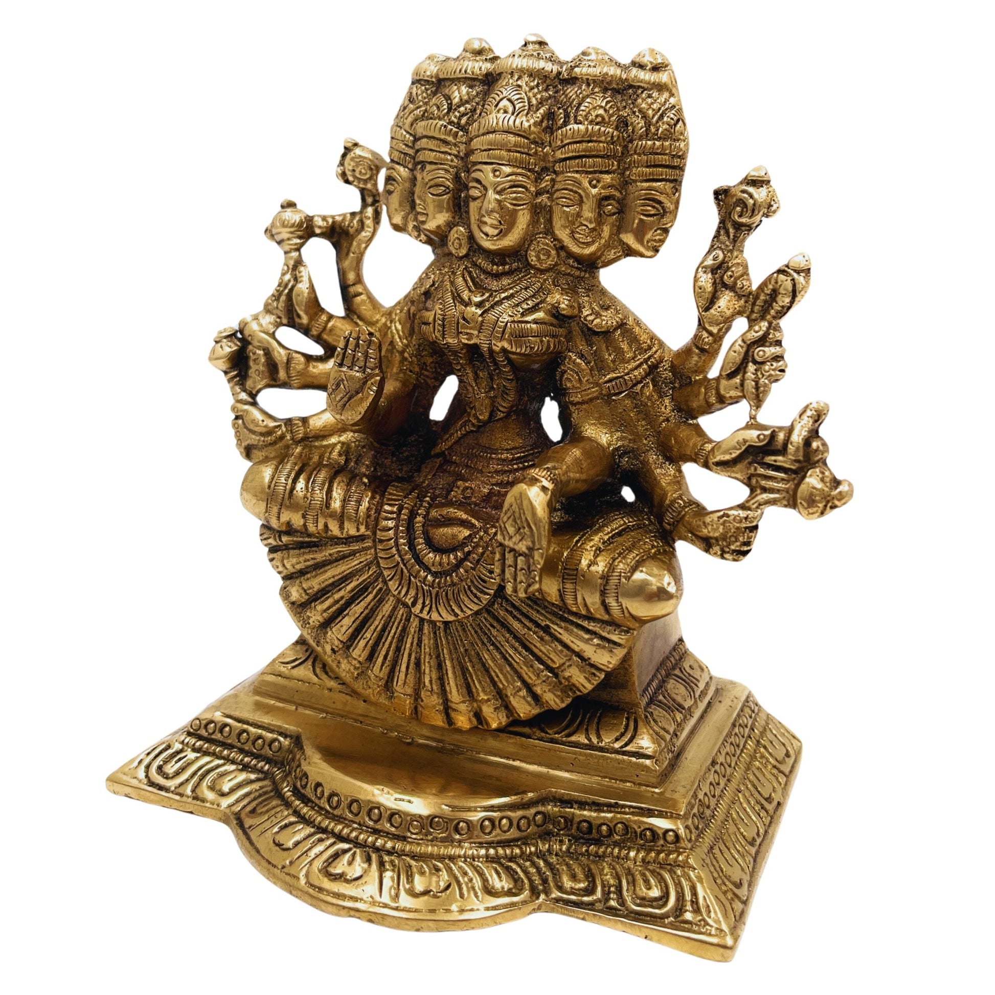Brass Gayatri Devi Idol | Panchamukhi Vedamata Gayatri Mata Murti | Handcrafted Pital Savitri Devi Statue for Pooja & Home Decor,Gold, 6 Inch, 1 Piece