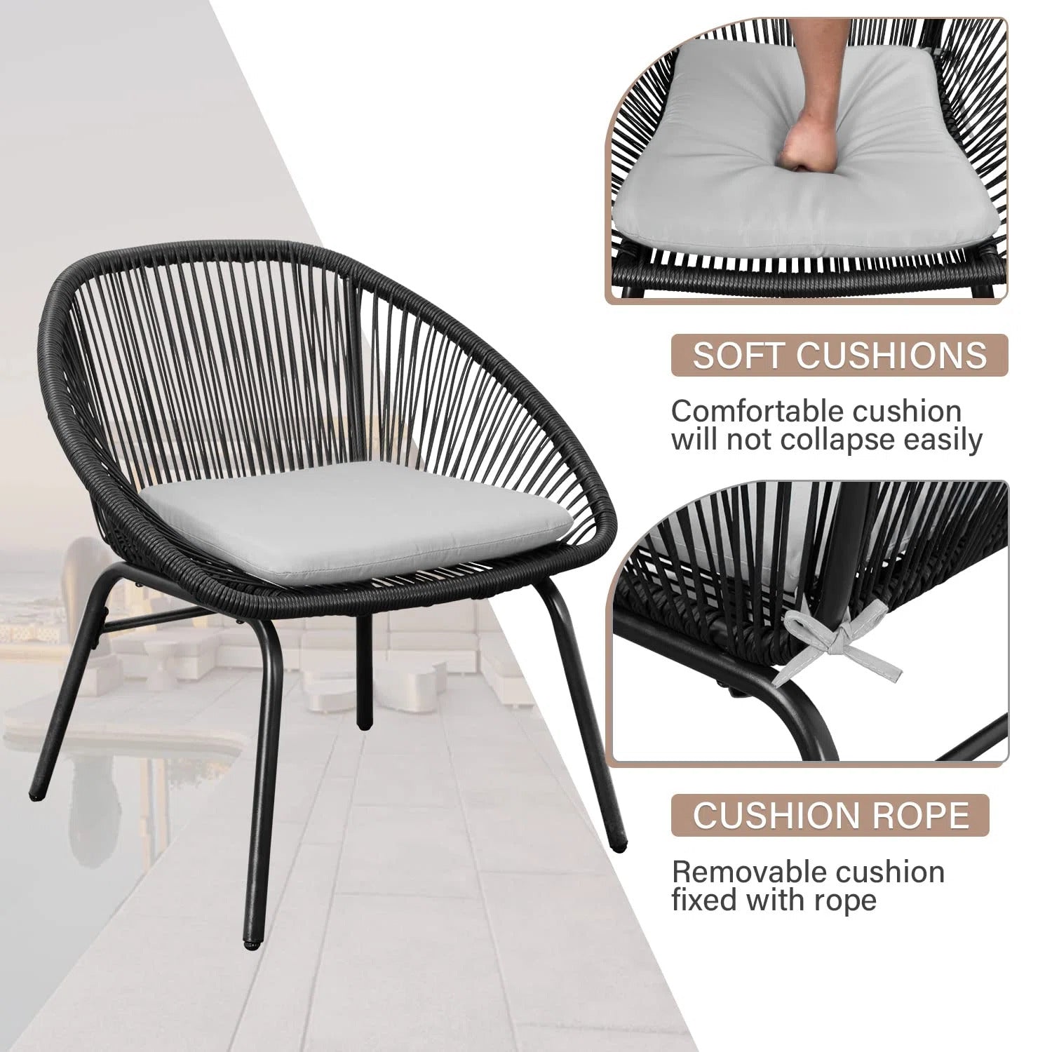 Lanx Outdoor Patio Seating Set 2 Chairs and 1 Table Set (Black)