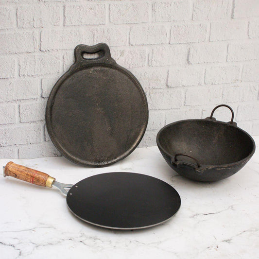 Iron Roti Tawa, Cast Iron Tawa, Cast Iron Kadai Cookware Combo Set