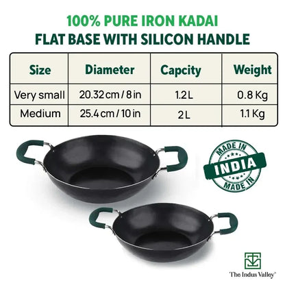100% Pure Sheet Iron Kadai with Silicon Handle, Seasoned, Toxin-free