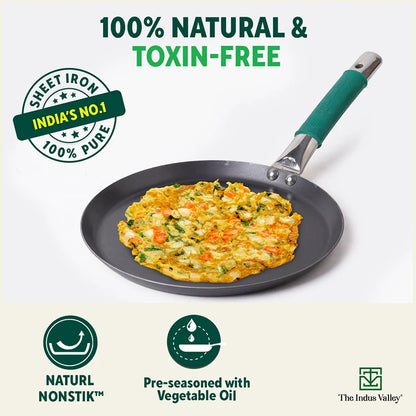 Ironklad 100% Pure Sheet Iron Tawa, Steel Cool Touch Handle & Silicone Grip, Pre-seasoned, Toxin-free, Induction, 26 cm, 1 Kg