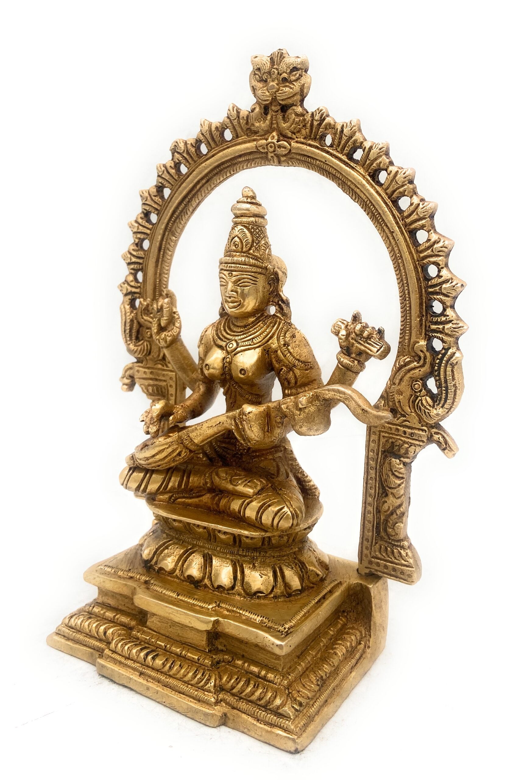 Brass Saraswati Idol, Handcrafted Sharada Vagdevi Bharati Statue, Veenapani Kalaimagal Vidyadayini Pital Murti for Pooja, Temple & Home Decor,Gold, 8 Inch, 1 Piece