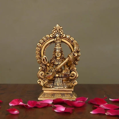 Brass Superfine Saraswati On Throne Idol (5.8 Inch)
