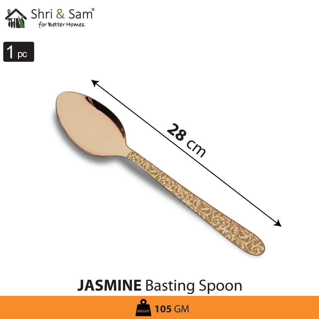 Stainless Steel Basting Spoon Solid with Rose Gold PVD Coating and Laser Jasmine