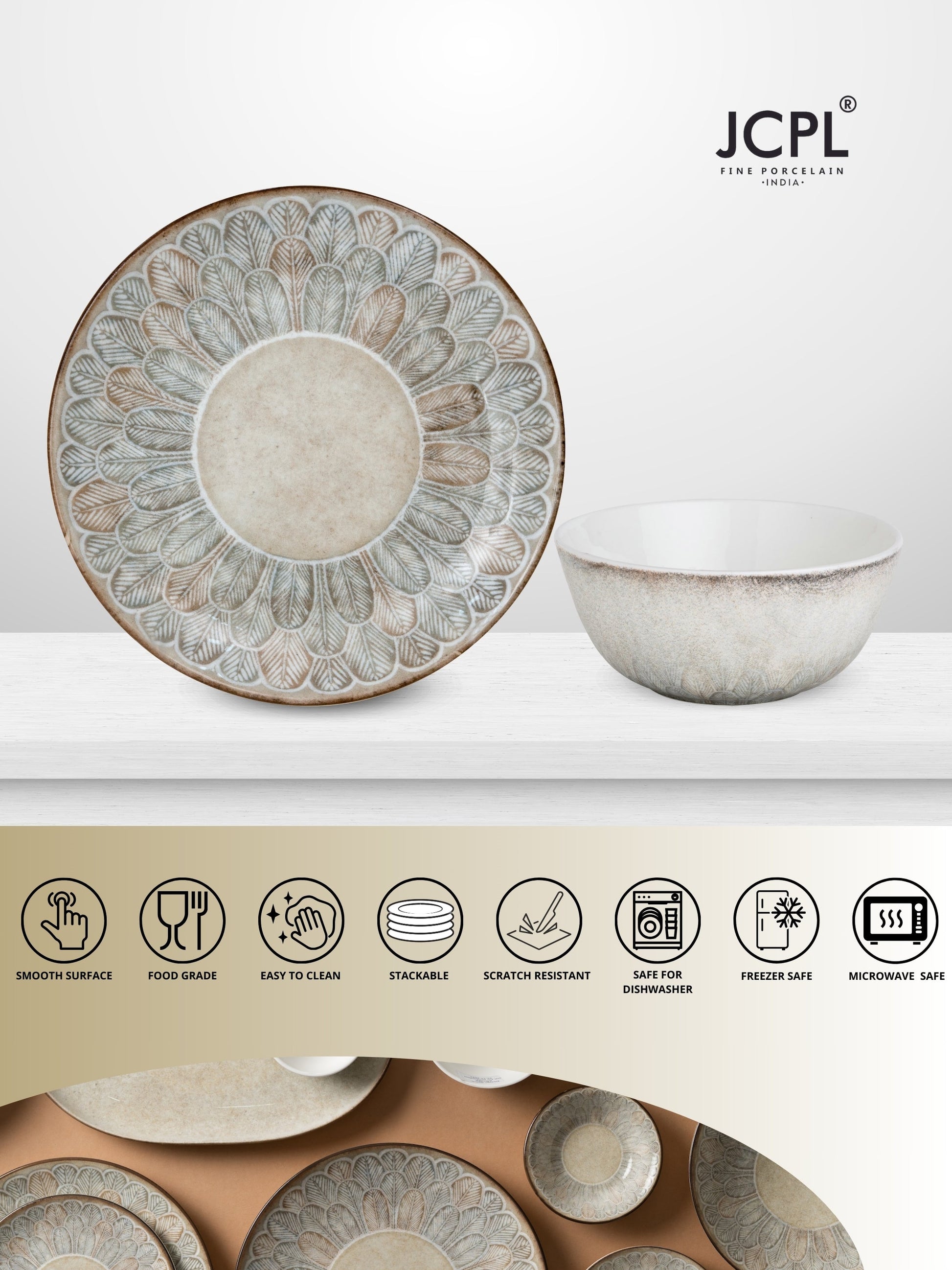 JCPL Fine Porcelain Textures Aroma Dinner Set (Set Of 4), 2 Plates and 2 Bowls