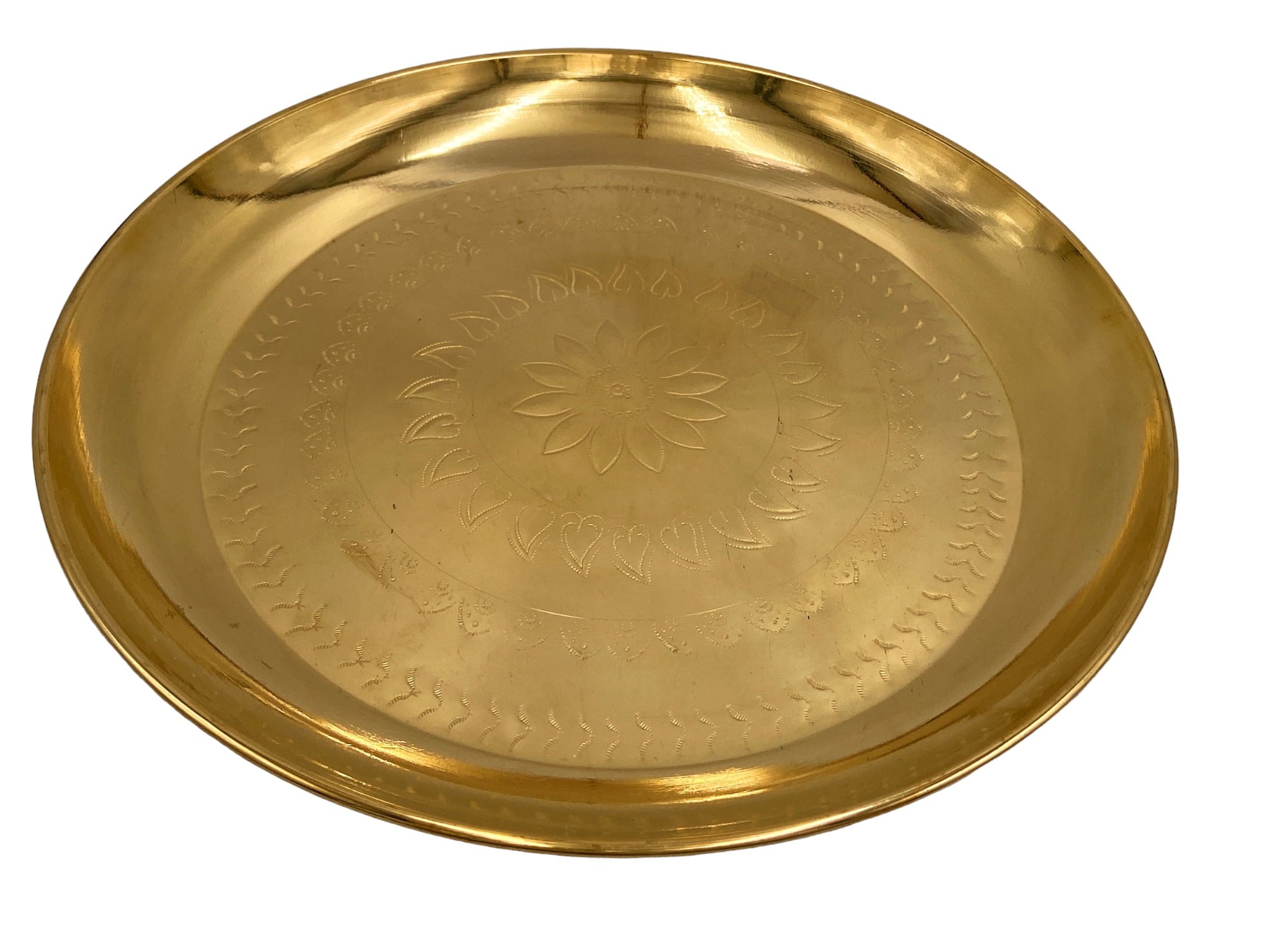 Handcrafted Brass Pooja Thali, Traditional Peetal Aarti Plate, Temple Pittal Puja Thambalam, Hitale Pitala Worship Thali, Gold, 13.39 Inch, 1 Piece