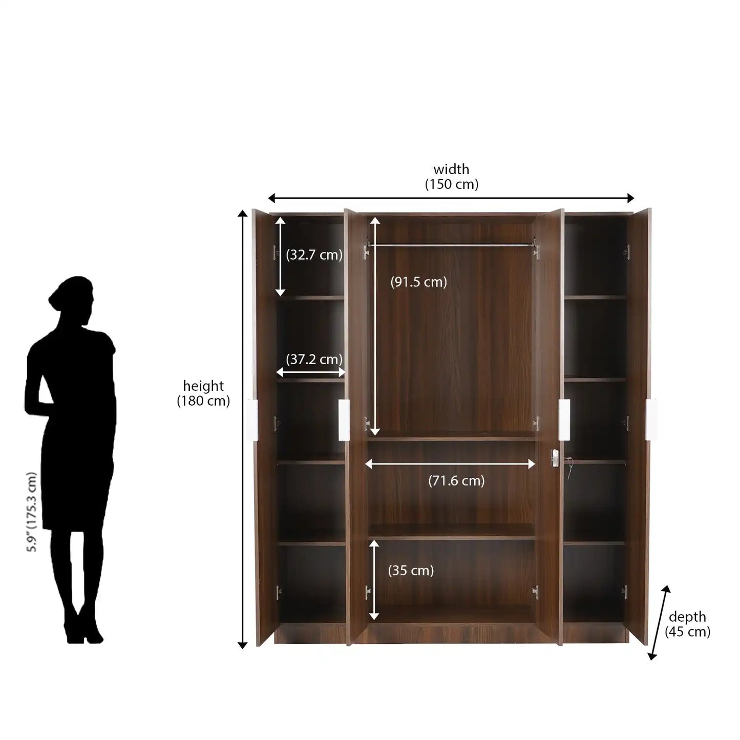 Nilkamal Joyce 4 Door Wardrobe (Classic Walnut)