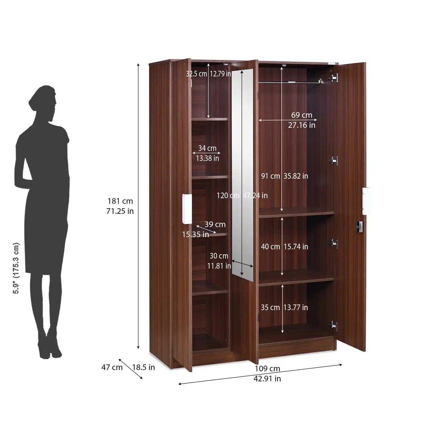 Nilkamal Joyce 3 Door Wardrobe With Mirror (Classic Walnut)