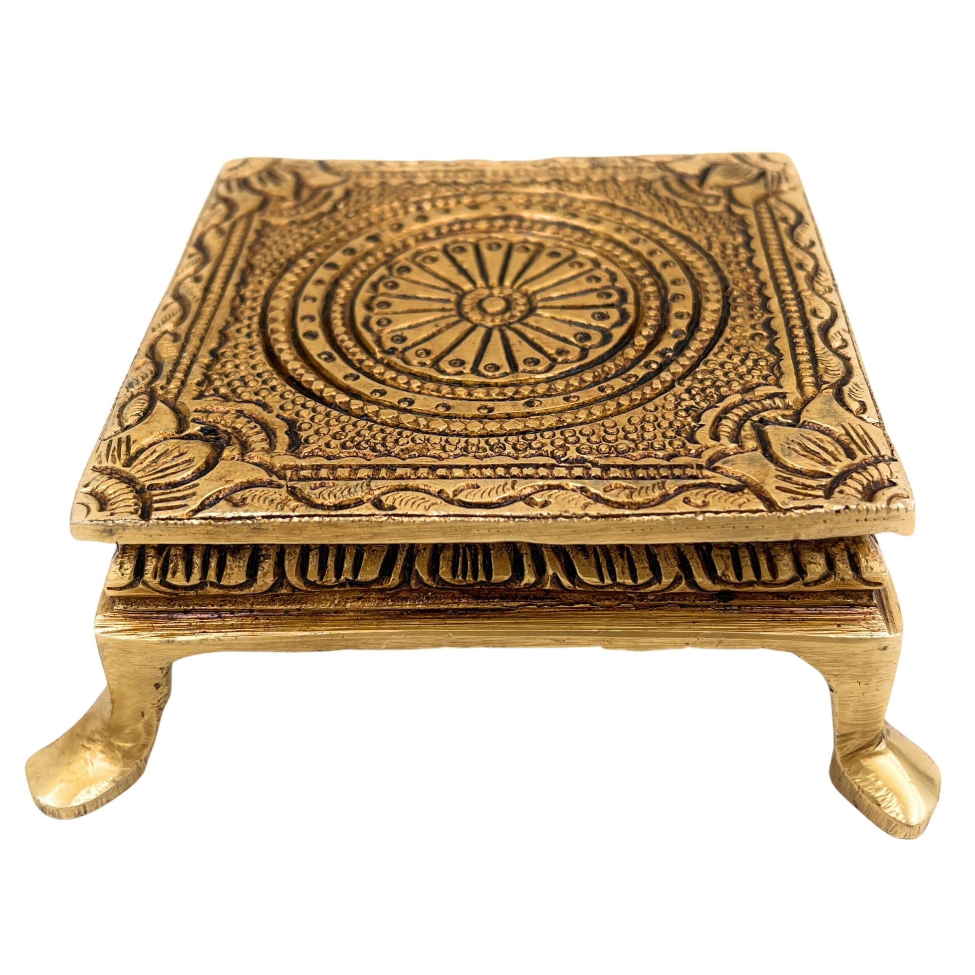 Brass Pooja Chowki – Handcrafted Peetha Singhasan for Deity | Traditional Peetal Bajot for Home Temple, Mandir, Kalash Stand, Pital Aasan Decor, Gold, 2 Inch, 1 Piece
