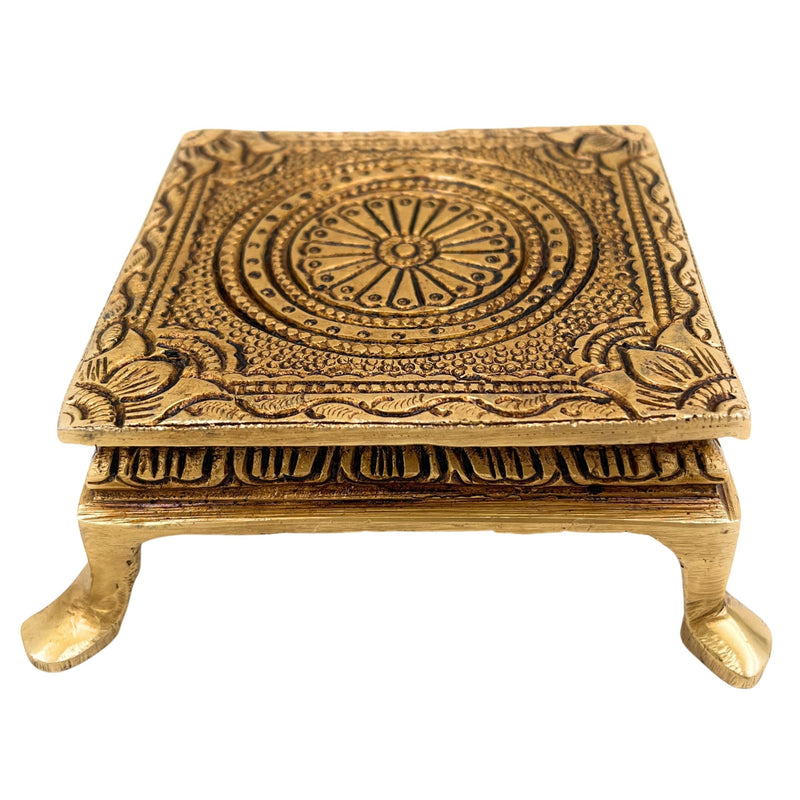 Brass Pooja Chowki – Handcrafted Peetha Singhasan for Deity | Traditional Peetal Bajot for Home Temple, Mandir, Kalash Stand, Pital Aasan Decor, Gold, 2 Inch, 1 Piece