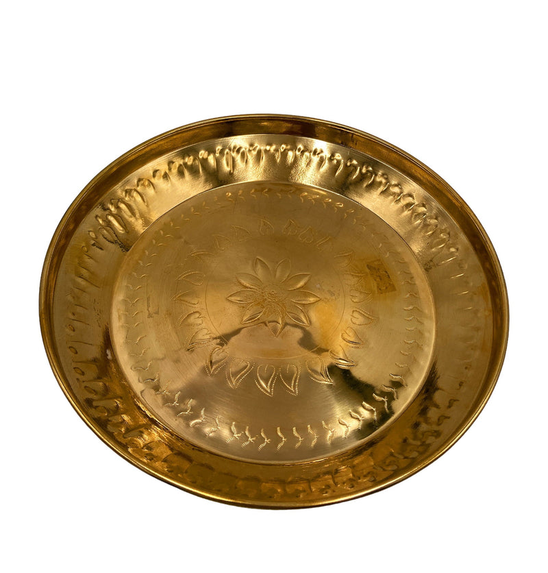 Handcrafted Brass Pooja Thali Peetal Aarti Plate Pittal Puja Thambalam Traditional Pital Worship Thali,Gold, 11.02 Inch, 1 Piece