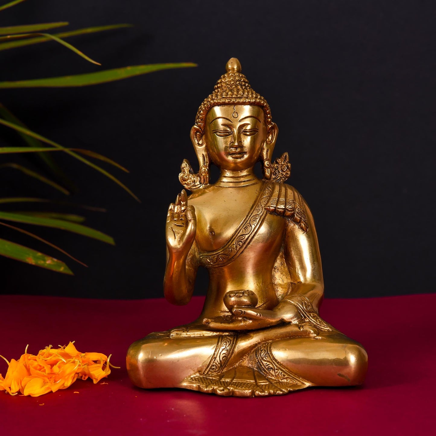 Brass Handcarved Blessing Buddha (7.8 Inch)