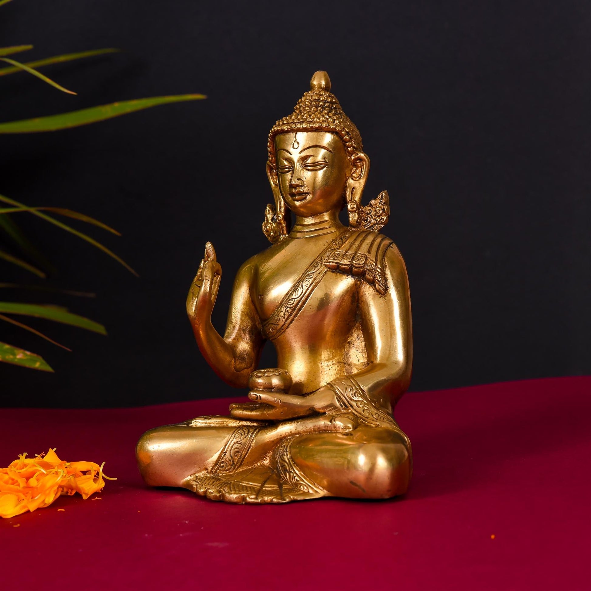 Brass Handcarved Blessing Buddha (7.8 Inch)