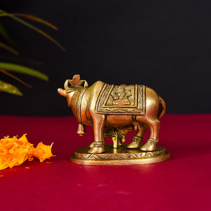Brass Kamdhenu Cow With Calf Idol (2.5 Inch)