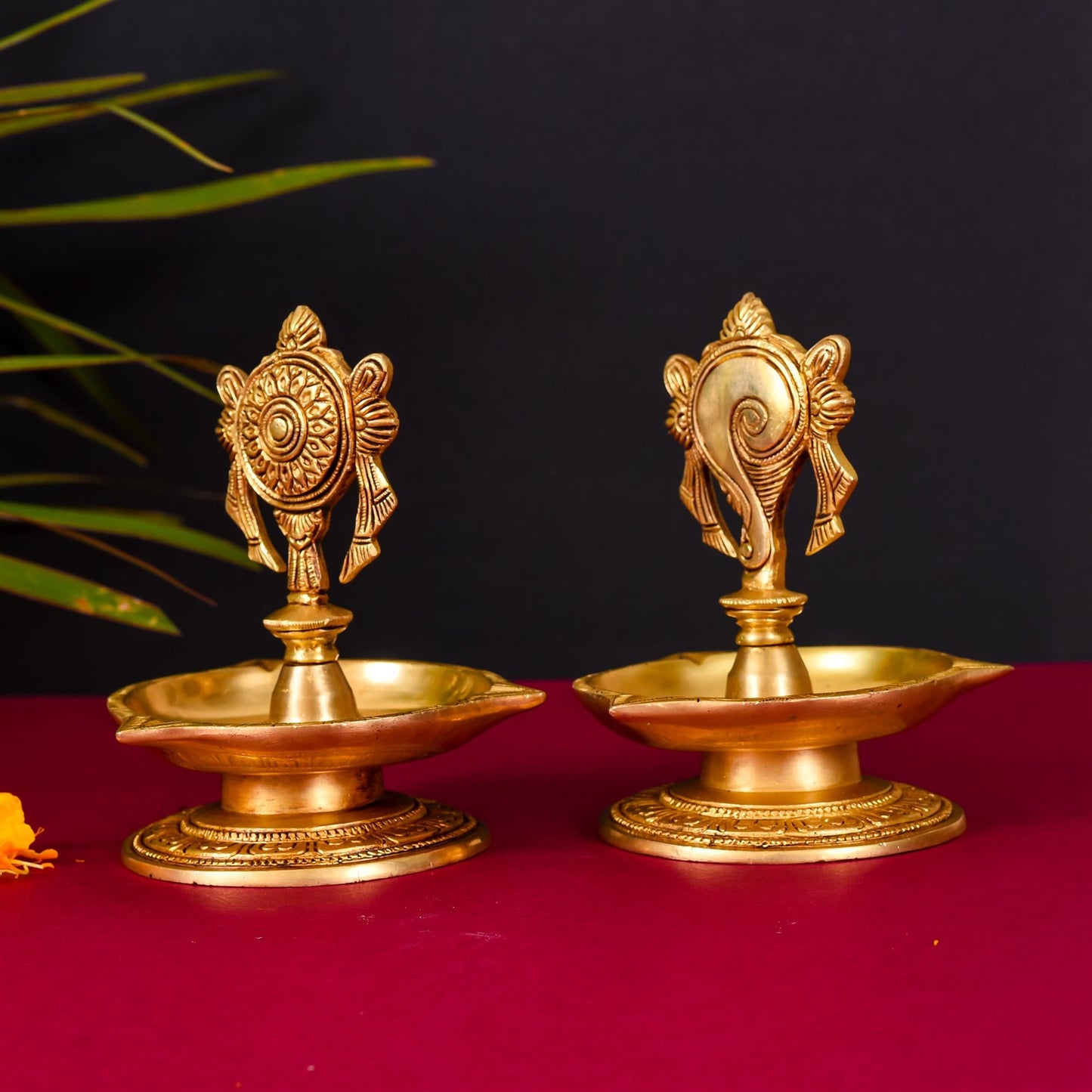 Brass Shankh Chakra Diya/Lamp Set (6 Inch)