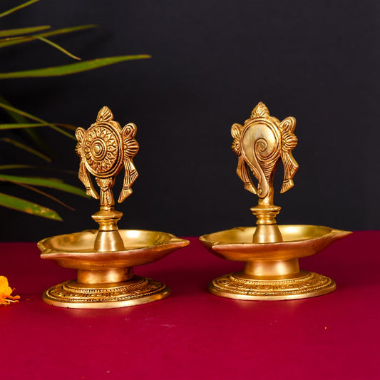 Brass Shankh Chakra Diya/Lamp Set (6 Inch)