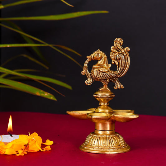 Brass Ethnic Five Petal Peacock Diya (5.2 Inch)