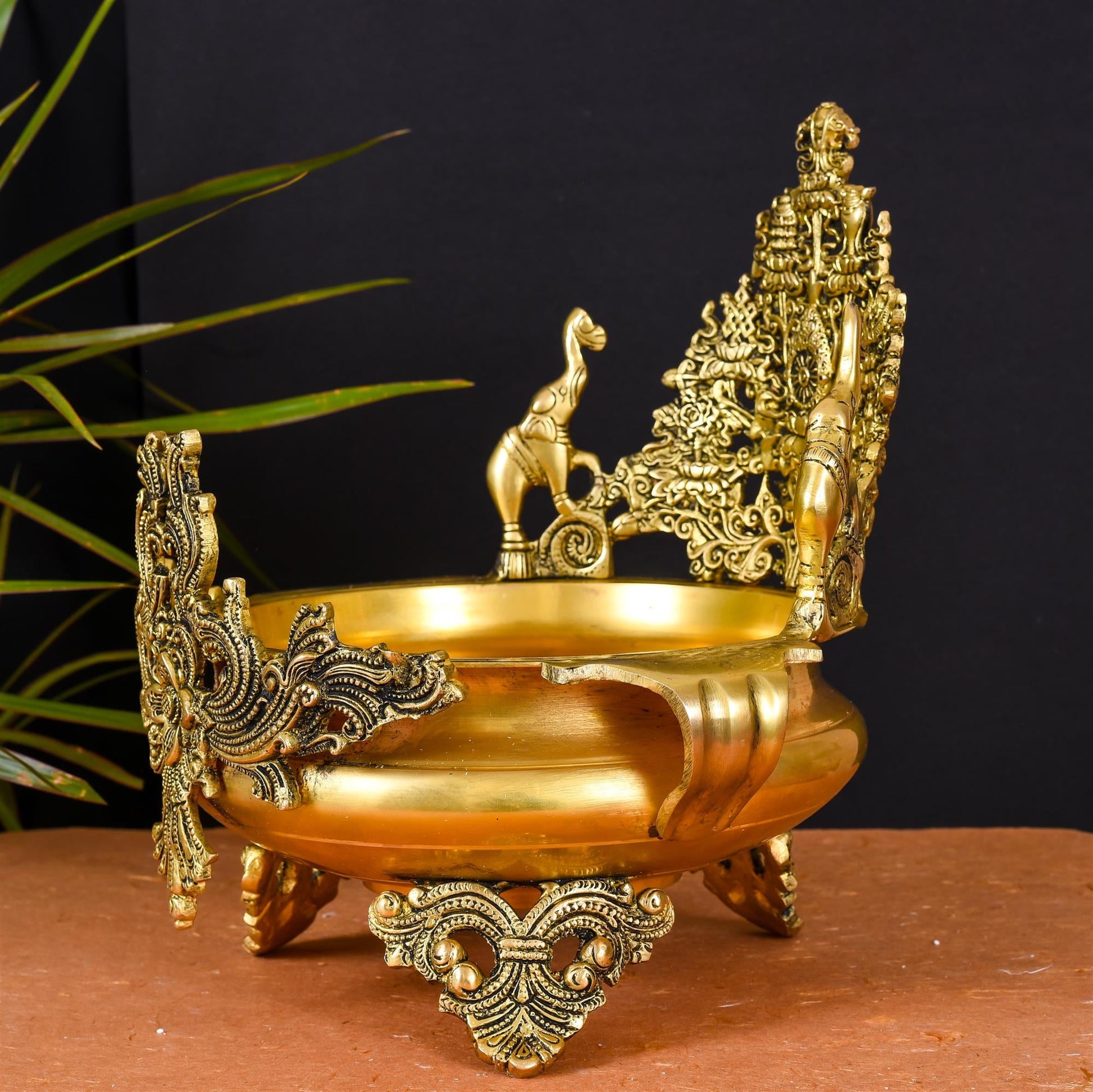 Brass Elephant Carving Urli (12.5 Inch)