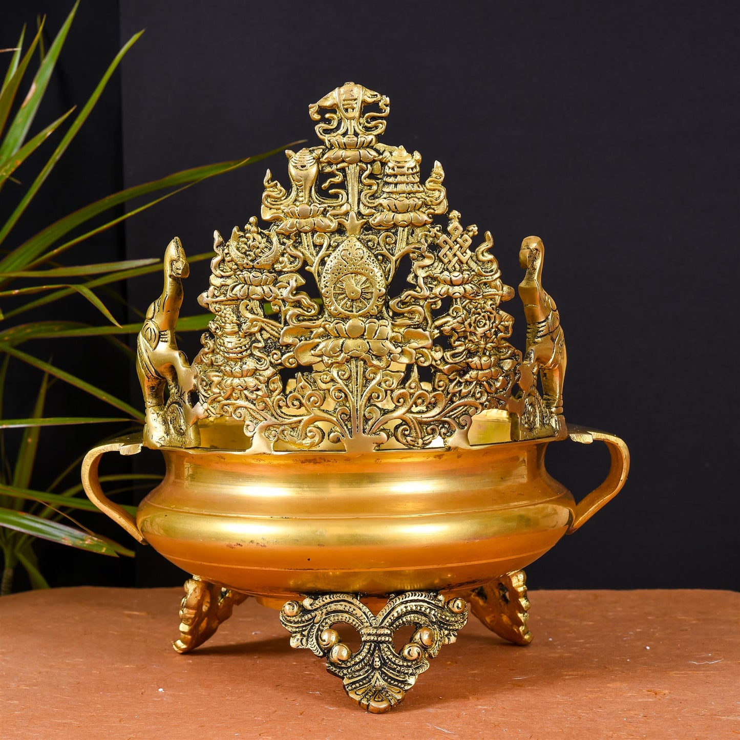 Brass Elephant Carving Urli (12.5 Inch)